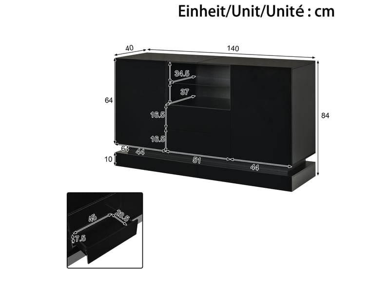 Buffet bas 140x40x84 cm, 2 portes, 2 tiroirs, éclairage led contrôlable par application, panneau de particules, noir - Conforama C