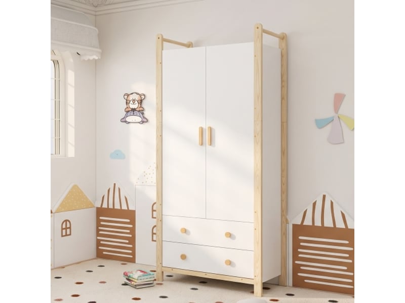  Maisentiel armoire 2 portes avec barre de penderie et 2 tiroirs 89,6 x 44 x 180,5 cm blanc et pin  - Conforama B
