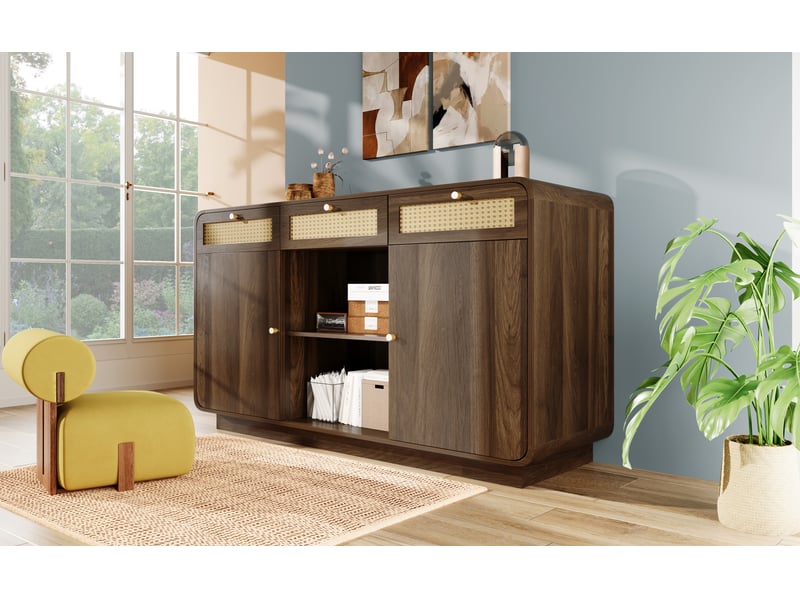  Buffet bas vaisselier 120x40x85 cm noyer mdf panneaux particules 3 tiroirs 2 portes rangement ouvert étagères réglables poignées dorées Sol Morn - Conforama B