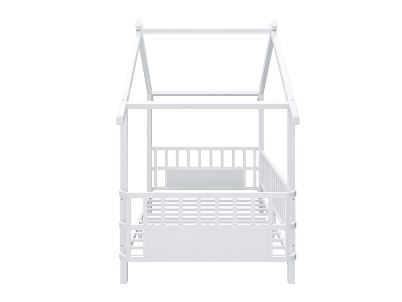  Lit simple 90x200 cm, lit enfant, barrière antichute, forme maison, métal blanc  - Conforama B