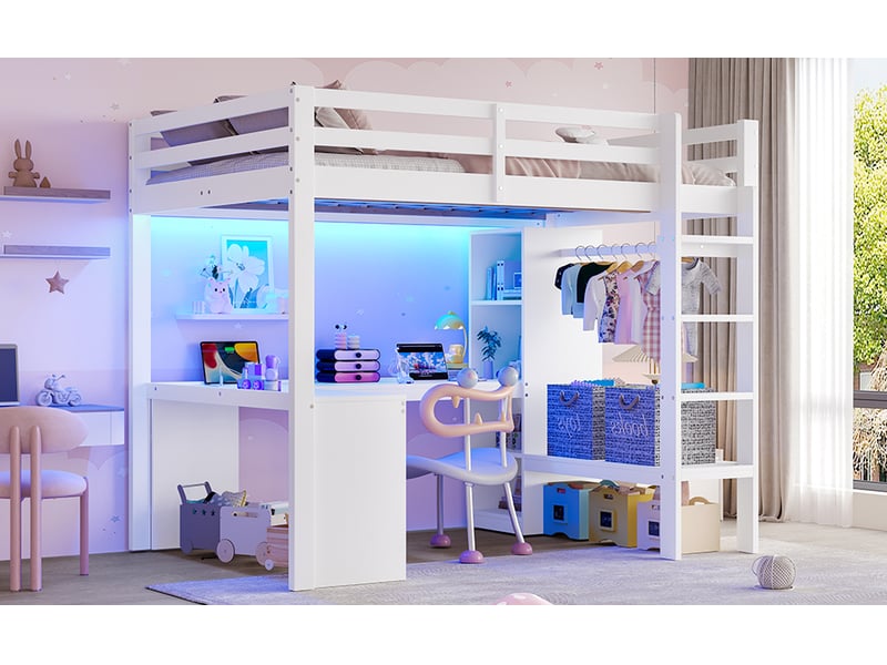  Lit mezzanine 140 × 200 cm, bureau, étagères, led, usb, escalier et garde-corps hauts, bois massif et mdf, blanc  - Conforama B