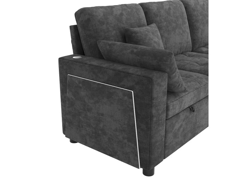 Canapé d'angle convertible 4 places gris en tissu, led, usb-c et dossier réglable 3 positions pour le salon - Conforama D
