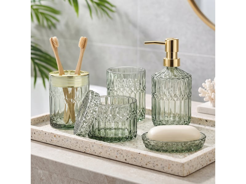  Set salle de bain 5 pièces en verre vert taillé diamant, style rétro, distributeur de savon et porte-brosse à dents  - Conforama B
