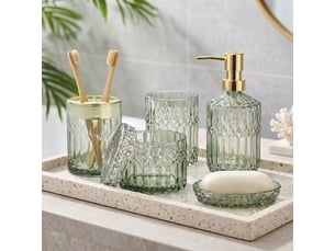 Set salle de bain 5 pièces en verre vert taillé diamant, style rétro, distributeur de savon et porte-brosse à dents