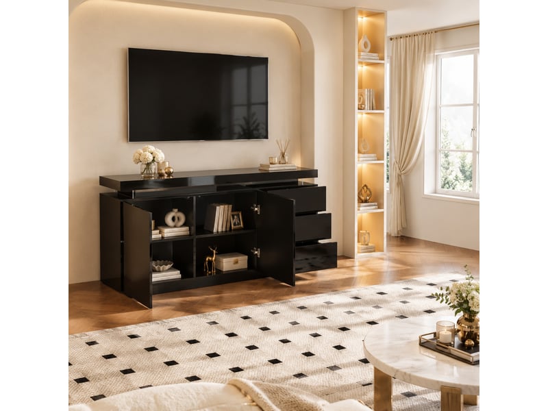  Buffet bas modenvie led rgb 140 x 35 x 72,5 cm 2 portes 3 tiroirs noir  - Conforama E
