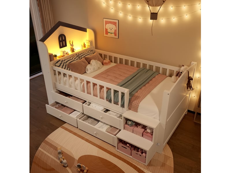 Lit cabane 90x200 cm équipé de fenêtre, led, 4 tiroirs, bois, coloris blanc, sans matelas  - Conforama E
