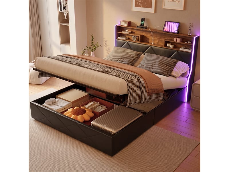  Lit 160x200cm - lit coffre 160x200cm - lit rembourré similicuir hydraulique, tête de lit étagère, led et ports usb type-c - noir  - Conforama B