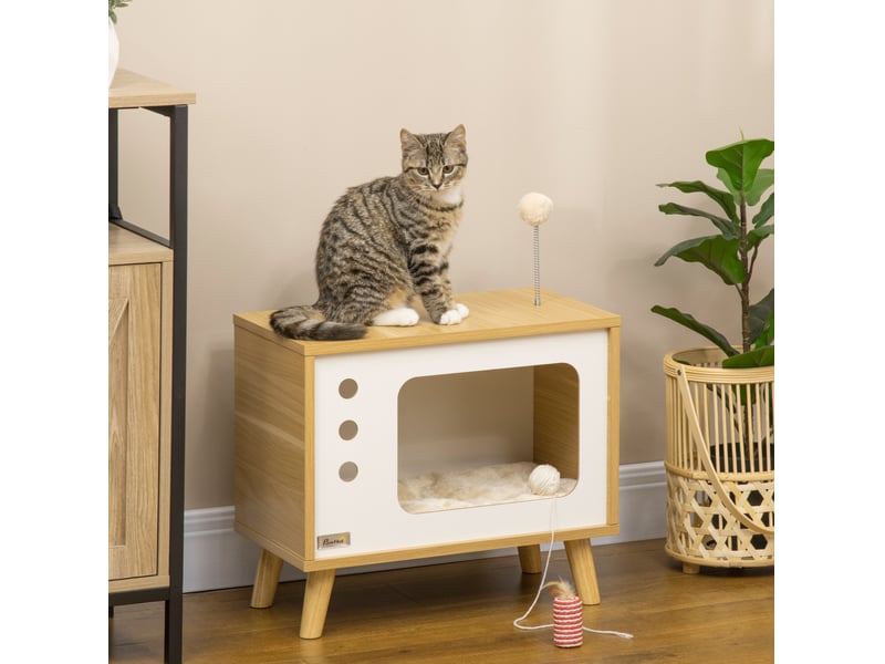  Meuble pour félins style téléviseur, beige, blanc et bois clair, coussin lavable et balle de jeu, 50 x 28 x 43 cm  - Conforama B