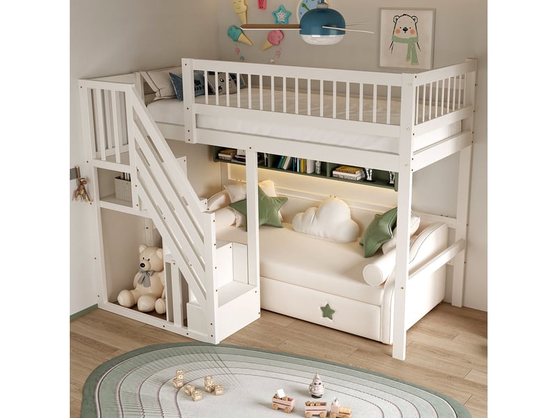 Lit mezzanine enfant en bois 90x200 cm avec escalier de rangement, blanc - Conforama B