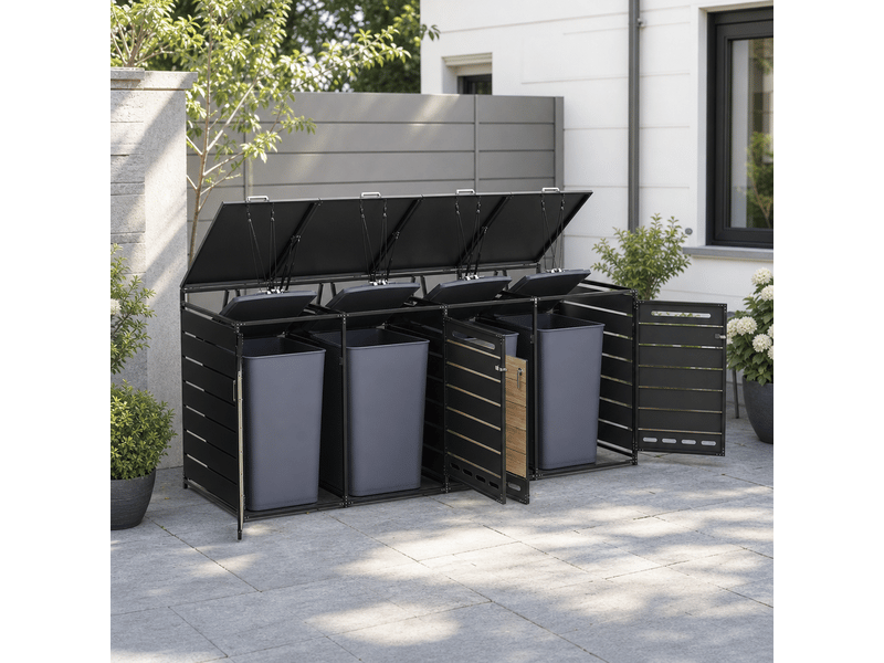  Coffre de jardin métal avec couvercle hydraulique pour 4 poubelles effet bois  - Conforama B