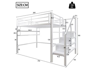 Lit mezzanine 140*200cm, cadre métal, étagères, échelle de rangement, garde-corps, sans matelas, blanc