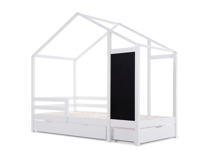  Lit cabane enfant 90x200 cm avec tableau noir et 2 tiroirs, pin et mdf, blanc, sans matelas  - Conforama C