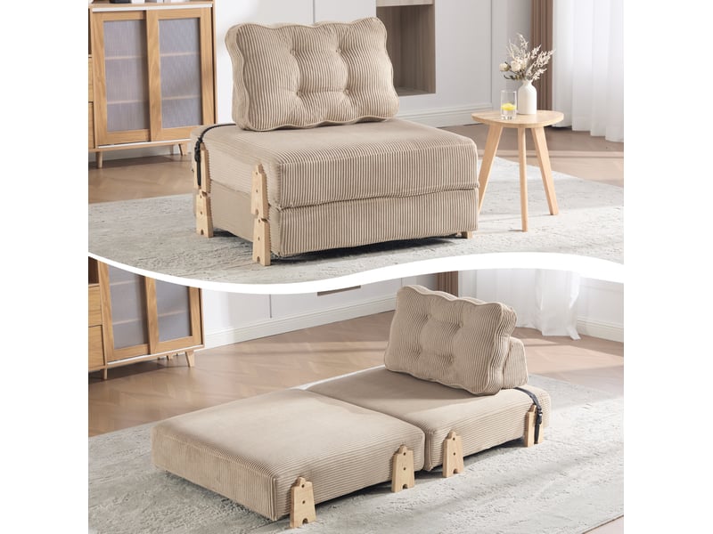 Canapé droit 1 place convertible en velours côtelé beige khaki, style scandinave, avec pieds en bois - Conforama E