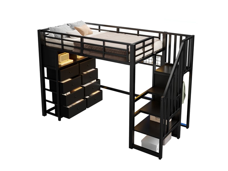  Lit mezzanine 90x200 cm avec rangement et led en métal et mdf noir  - Conforama A