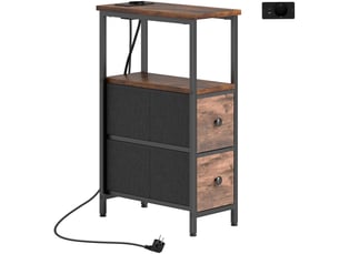 Table d'appoint avec station de charge, table de salon étroite avec 2 tiroirs en tissu, brun rustique, étagère ouverte