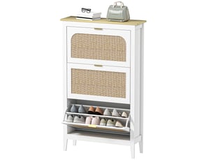 Meuble à chaussures 21 paires bohème avec 3 tiroirs rabattables, portes effet cannage rotin, blanc, 80 x 24 x 131 cm