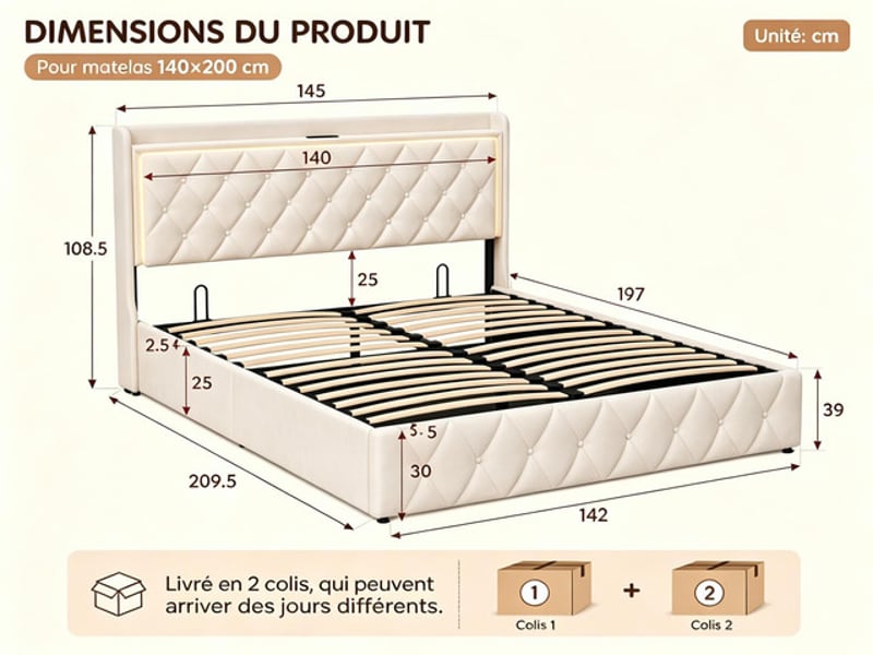 Lit coffre 140x190 cm ezssw, coloris beige - Conforama C