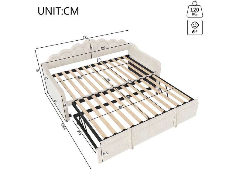  Lit gigogne 90x200 cm en velours beige avec led multicolore  - Conforama C