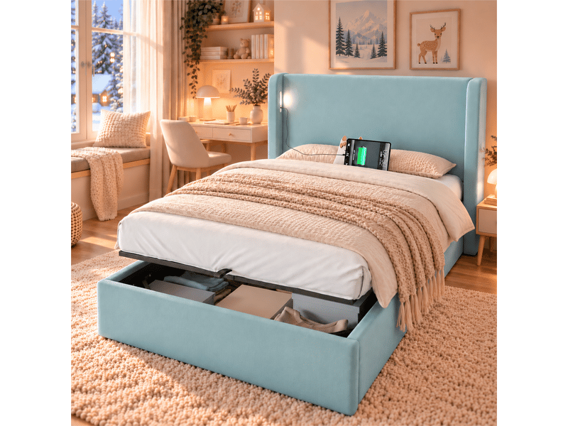  Lit coffre enfant 90x200cm avec rangement hydraulique, tête de lit rembourrée, éclairage led, ports usb et type-c, sommier à lattes, velours, bleu  - Conforama E