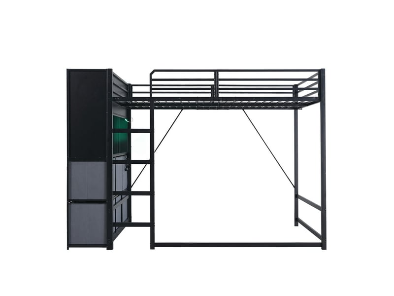  Lit superposé 120 x 200cm, avec échelle, rangement latéral, tiroirs en tissu, étagère ouverte, éclairage et station de charge, noir  - Conforama A