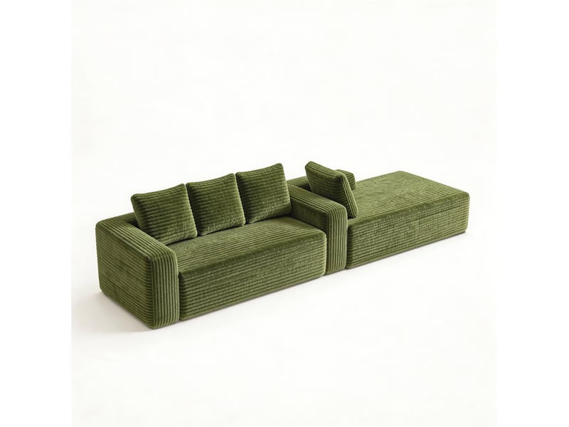  Canapé d’angle modulable vert 4 places en velours côtelé, méridienne gauche, assise profonde et design moderne pour salon  - Conforama W