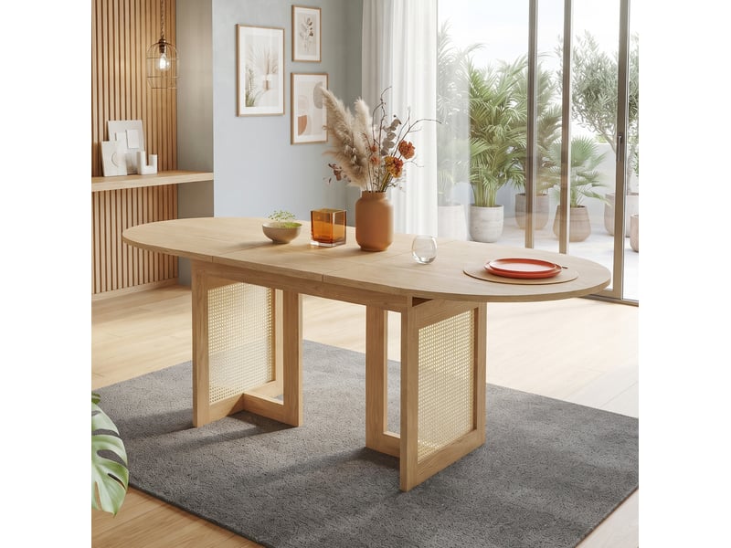 Table de salle à manger pour 6 à 8 personnes avec allonge, coins arrondis, pieds en rotin, mdf chêne clair  - Conforama E