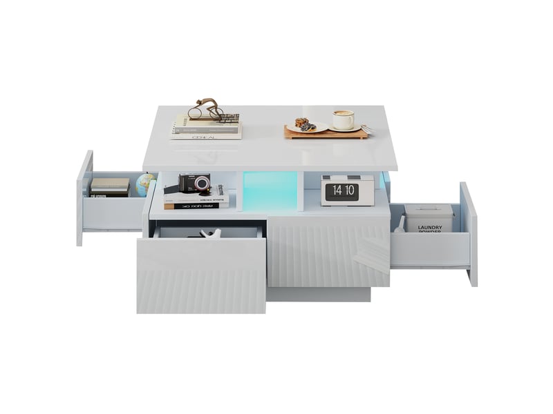  Table basse 70x70x40 cm led 4 tiroirs panneau de particules blanc  - Conforama A