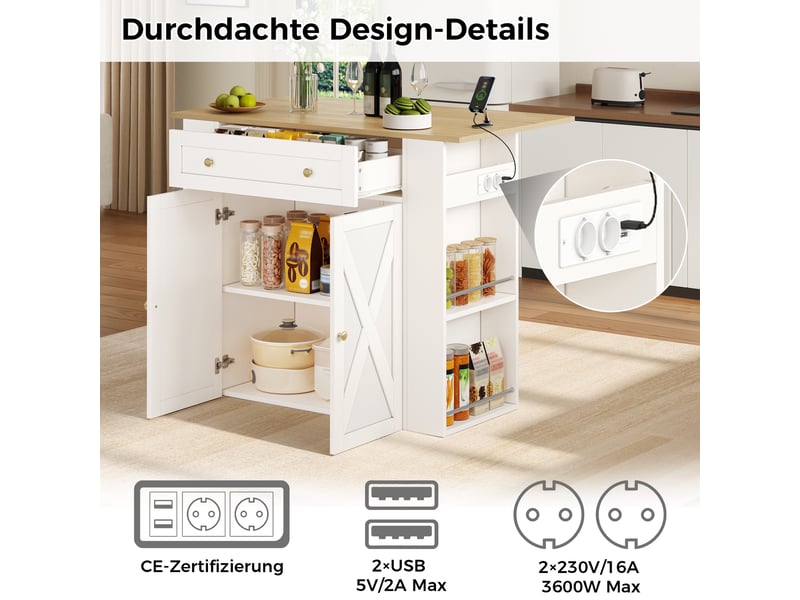  Îlot de cuisine avec plateau rabattable et prises usb - lpospi - 2 portes, mdf blanc, 120 × 75 × 97 cm  - Conforama E