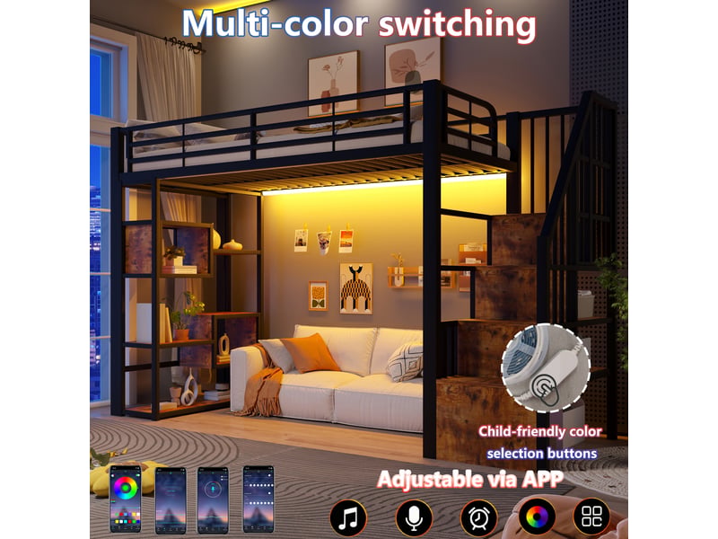  Lit mezzanine, 90 × 200 cm, noir, métal, led, étagères, barrières, marches, échelle, espace ouvert dessous, sans matelas  - Conforama D