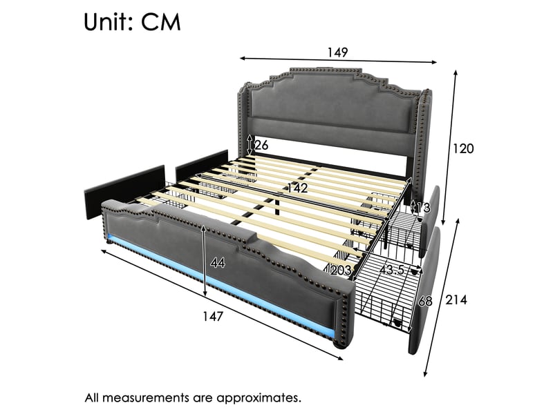  Modenvie lit double avec rangement 140x200 cm - 4 tiroirs, led et ports usb-c, avec matelas - gris  - Conforama C