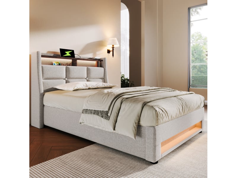  Modenvie lit coffre 90x200 cm - avec rangement, led, ports usb et matelas inclus - beige  - Conforama E