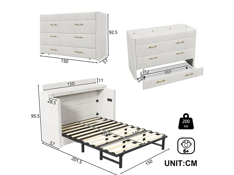  Lit escamotable 140 x 200 cm beige en lin avec tiroir, usb et type-c  - Conforama E