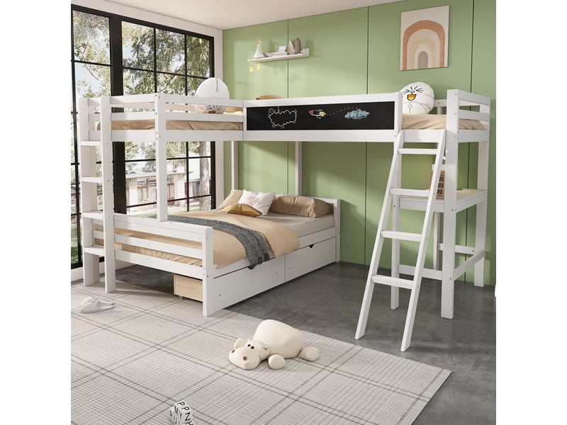  Lit superposé 2x90x200+140x200cm, lit enfant avec 2 tiroirs, escalier, bureau, panneau noir et sommiers, pin blanc, sans matelas  - Conforama B