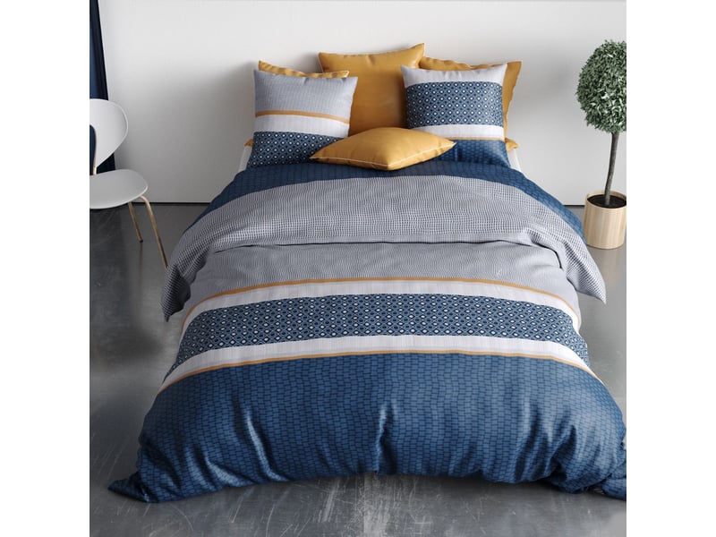  Parure housse de couette 240x220cm + 2 taies motif graphique bleu 100% coton - zoelia ZOELIA - Conforama C