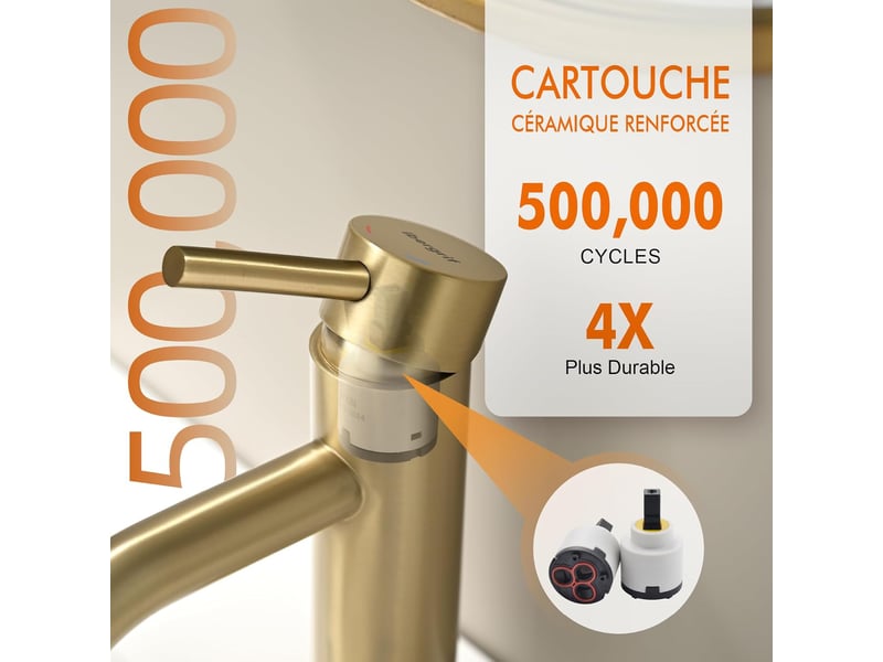  Mitigeur de lavabo - robinet de salle de bains monocommande, robinet à tiroir en céramique à faible bruit, corps en acier ioxydable, or  - Conforama E