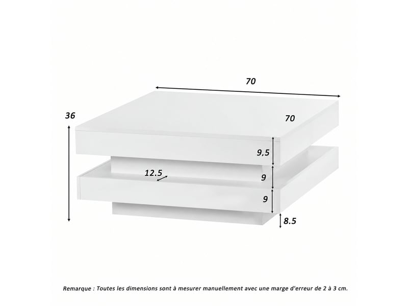  Table basse carrée blanche avec led, plateau rotatif 360°, 70 x 70 x 36 cm  - Conforama E