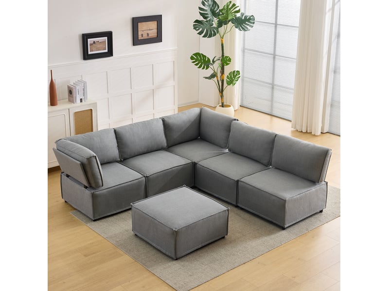 Canapé d'angle modulable convertible 6 places en tissu gris clair, 308 cm, pour salon et couchage d'appoint - Conforama B