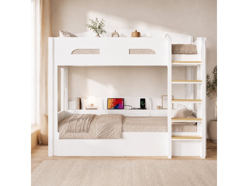 Lit superposé enfant 2 places 90×200 cm avec usb et étagères - okmyhome- sans matelas, bois et mdf - blanc - Conforama B