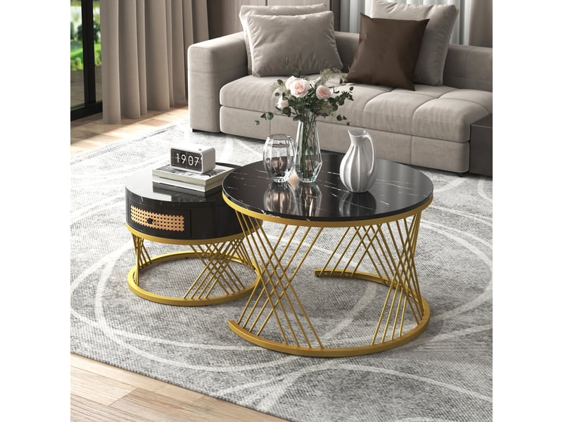 Tables basses gigognes avec tiroir pour salon en mdf 70×70×45,5 et 50×50×38,5 cm noir doré - Conforama B