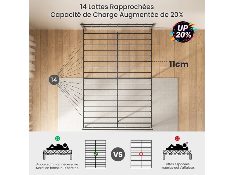  Lit 140 x 190 avec sommier à lattes métalliques, lit double avec tête de lit, cadre de lit métallique robuste, grand espace de rangement, montage facile, charge maximale 500 kg  - Conforama C