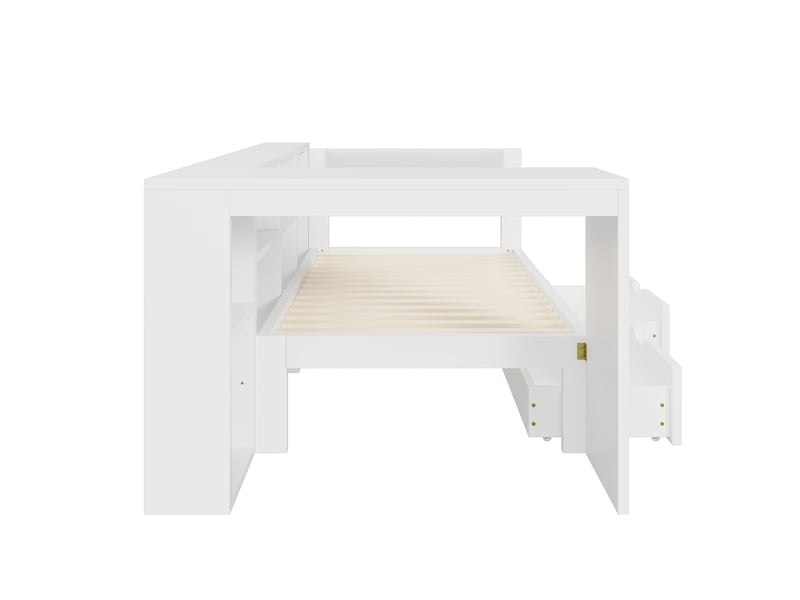  Lit avec tiroirs 1 place en bois avec 2 tiroirs, prises, usb et led 7 couleurs, 200 x 90 cm, sans matelas, blanc  - Conforama E