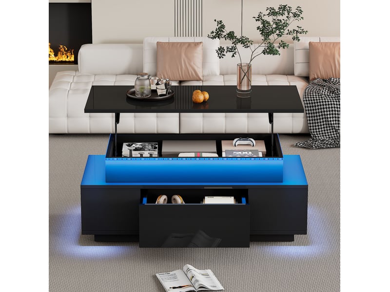  Table basse relevable avec 1 tiroir, niches ouvertes, led et grand rangement pour salon, 96 × 45 × 40 cm  - Conforama C