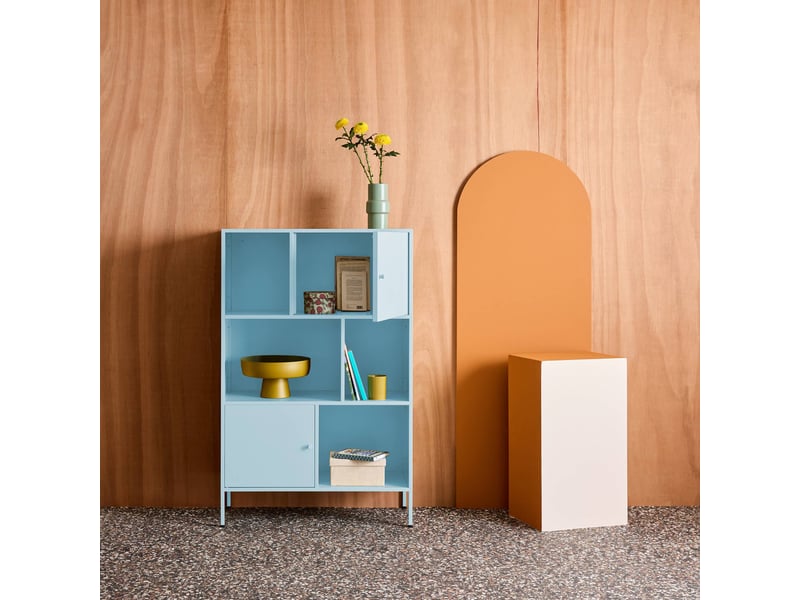 Buffet. Meuble de rangement industriel métal bleu clair 6 compartiments. L 80 x p 35 x h 125cm - oklahoma - Conforama C