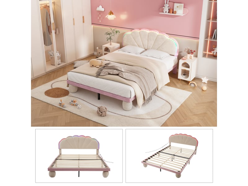  Lit capitonné enfant avec bandeau lumineux multicolore, tête ondulée, 140x200cm, beige et rose, velours  - Conforama E