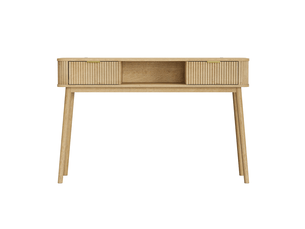 Console style mid-century avec 2 tiroirs et étagère ouverte, finition aspect chêne, 120 x 35 x 77,6 cm