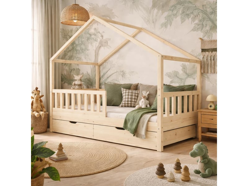  Lit cabane pour enfant en bois naturel 90x190 cm avec 2 tiroirssommier sans matelas  - Conforama D