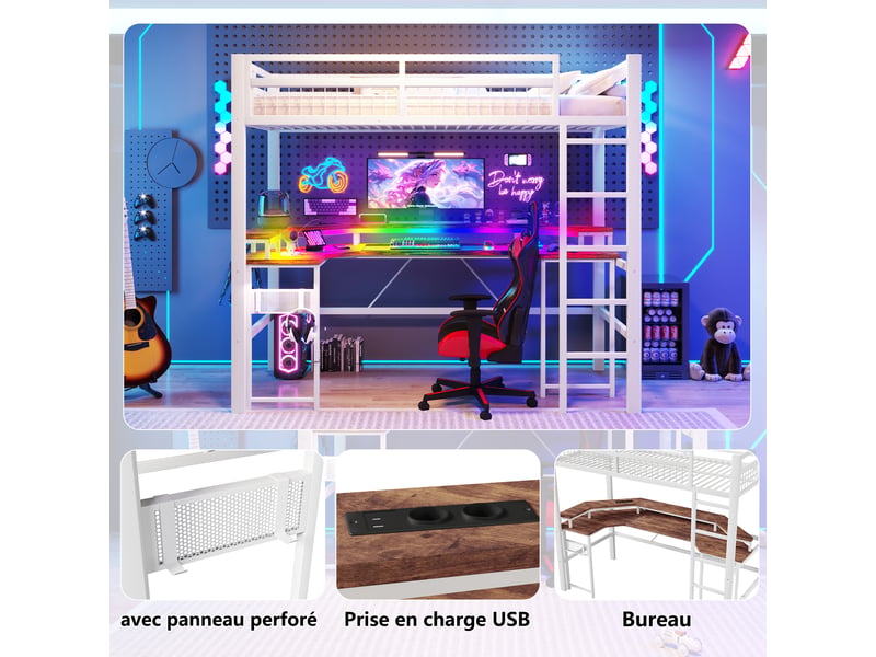  Lit mezzanine blanc 90×200 cm en fer et mdf, bureau, led multicolores, 1 usb, 1 usb-c, 2 prises et panneau perforé  - Conforama D