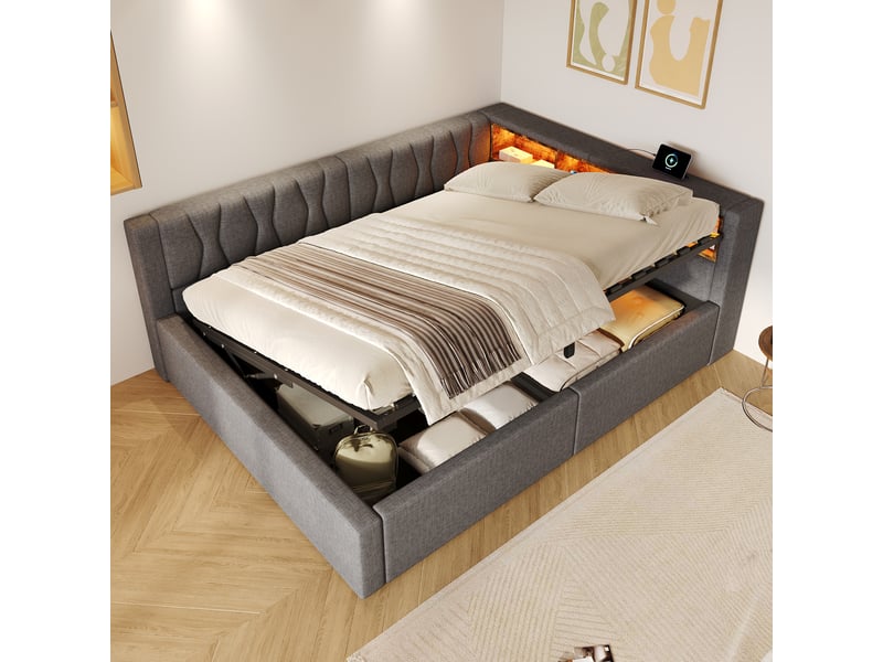  Lit banquette coffre 140x200 cm - avec de rangement hydraulique, éclairage led dimmable, tête de lit étagère et prises usb, gris evarich - Conforama E