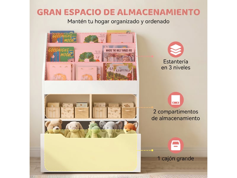  Bibliothèque enfant en bois avec 3 compartiments, 2 cubes et tiroir mobile à 4 roulettes, 60 x 29,9 x 90 cm, blanche  - Conforama E