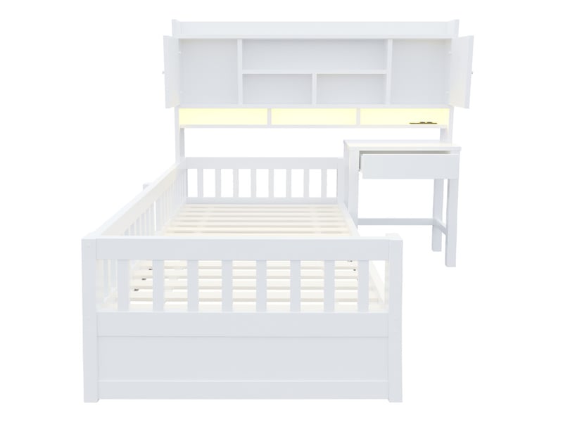  Lit multifonction en bois pour enfant 90 x 200 cm – avec étagères - bureau+1 tiroir - éclairage led +prise électrique – blanc (matelas non inclus)  - Conforama R